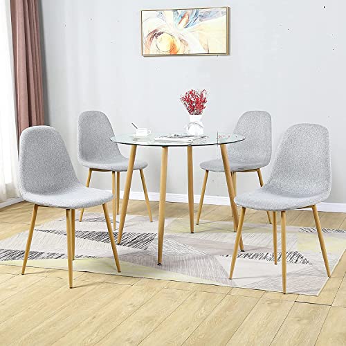 Dining Table Set Modern 5 Pieces Dining Room Set Mid Century Round Tempered Glass Kitchen Table and 4 Light Grey Modern Dining Chairs with Metal Legs | The Storepaperoomates Retail Market - Fast Affordable Shopping