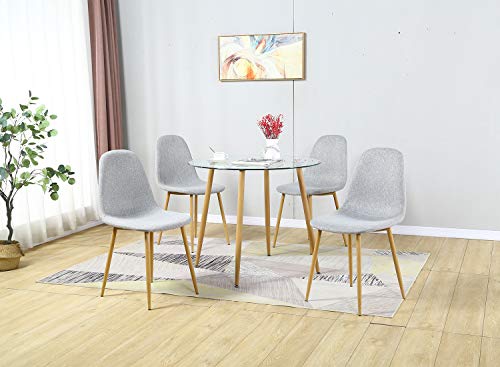 Dining Table Set Modern 5 Pieces Dining Room Set Mid Century Round Tempered Glass Kitchen Table and 4 Light Grey Modern Dining Chairs with Metal Legs | The Storepaperoomates Retail Market - Fast Affordable Shopping
