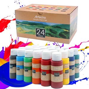 Artecho Acrylic Art Paint Set, 24 Basic Colors Bottles ( 59ml / 2oz ) Art Craft Paints for Canvas Painting, Rock, Stone, Wood, Fabric, Art Supplies for Professional Artists, Adults, Students, Kids, Beginners