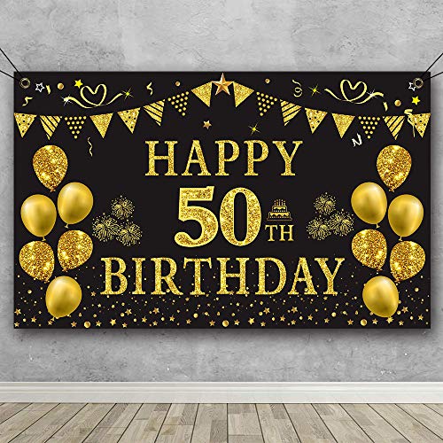 Trgowaul 50th Birthday Backdrop Gold and Black 5.9 X 3.6 Fts Happy Birthday Party Decorations Banner for Women Men Photography Supplies Background Happy Birthday Decoration | The Storepaperoomates Retail Market - Fast Affordable Shopping