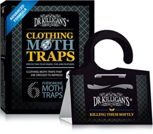 Dr. Killigan’s Premium Clothing Moth Traps with Pheromones Prime | 6-Pack Non-Toxic Clothes Moth Trap with Lure for Closets & Carpet | Moth Treatment & Prevention | Case Making & Web Spinning (Black)