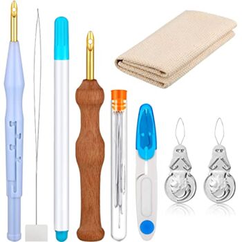 17 Piece Punch Needle Embroidery Kits Adjustable Rug Yarn Punch Needle Wooden Handle Embroidery Pen Needle Threader Punch Needle Cloth for Embroidery Floss Cross Stitching Beginner (Blue, Sky Blue) | The Storepaperoomates Retail Market - Fast Affordable Shopping