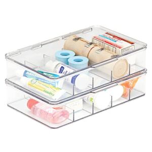 mDesign Rectangular Plastic Stackable Storage Box with Hinged Lid for Organizing First Aid, Medicine, Ointments, Dental, Diabetic Supplies – 5 Divided Compartments, Pack of 2 – Clear