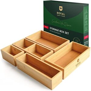 ROYAL CRAFT WOOD Luxury Bamboo Drawer Organizer Storage Box, Bin Set – Multi-Use Drawer Organizer for Kitchen, Bathroom, Office Desk, Makeup, Jewelry (5 Boxes)