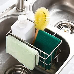 Kitchen Sponge Holder, Dish Brush Holder, Slim Sink Organization/Draining Basket/Liquid Drainer/Water Trough Rack, Kitchen Essential Tools, 304-Stainless Steel (Silver)
