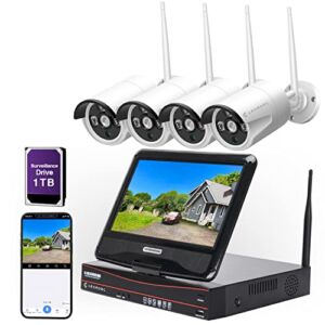 8CH Expandable All in one Wireless Security Camera System with 10.1″ Monitor 4pcs 3MP Indoor Outdoor Camera One-Way Audio Night Vision Motion Detection Cromorc Home Business CCTV Surveillance 1TB HDD