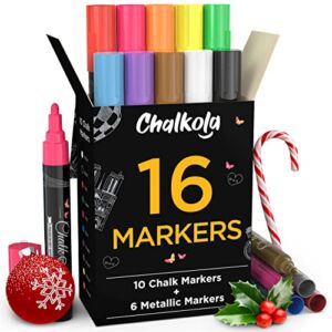 Chalkola Liquid Chalk Markers & Metallic Colors Pack of 16 Chalk Pens – for Chalkboard, Blackboards, Window, Glass, Bistro | 6mm Reversible Bullet & Chisel Tip Erasable Ink