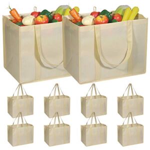 10 Pack Reusable Grocery Bags Extra Large Super Strong Heavy Duty Shopping Tote Bags with Reinforced Handles, Beige