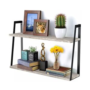 Halter Floating Shelves, 2 Tier Mounted Wall Storage, Wood Hanging Indoor Shelving Organizer with Metal Brackets, Sturdy, Industrial, for Office, Bathroom, Kitchen, Living Room, Laundry Room, Rustic