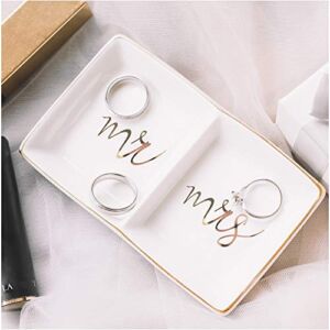 Quany Life Mr Mrs Jewelry Ring Dish Ceramic Trinket Tray Wedding Engagement Gift for Bride Desk Storage for Mrs Engaged Gifts Mr Mrs Gold Engagement Honeymoon Gifts Friend