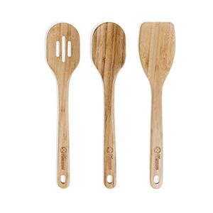 Chef Pomodoro Wooden Cooking Utensils 3-Piece Set, Bamboo | Large 12.5-Inch Spatula, Spoon, Slotted Spoon | Pan Kitchen Frying Set
