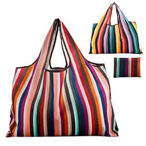Reusable Grocery Bag Gophra 2 Packs Large Washable Foldable Eco Friendly Nylon Heavy Duty Fits in Pocket Shopping Tote Bag (New Rainbow)
