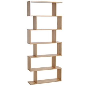 HOMCOM 75.5″ H Bookcase 6 Shelf S-Shaped Bookshelf Wooden Storage Display Stand Shelf Organizer Free Standing Oak