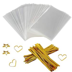 COOLAKE Clear Treat Bags 100 PCS Cellophane Bags Clear Candy Bags with 100 PCS Metallic Twist Ties For Kids Birthday Candy Popcorn Gift Cookie Small (4”by 6”)