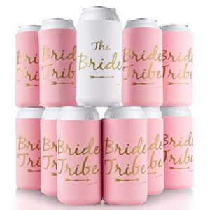 Bride Tribe Bachelorette Party Premium Skinny Can Sleeves – Insulated Neoprene Drink Holders, Fit Slim Spiked Hard Seltzer Beer Cans for Decorations, Supplies, Favors (Pink)