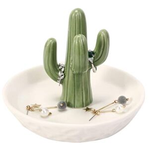 Ceramic Cactus Ring Holder with Derorative White Dish for Jewelry,Christmas Birthday Gifts for Women