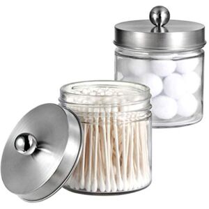 Bathroom Vanity Glass Storage Organizer Holder Canister Apothecary Jars for Cotton Swabs, Rounds, Balls, Qtips,Makeup Sponges, Flossers,Bath Salts – 2 Pack, Clear (Brushed Nickel)