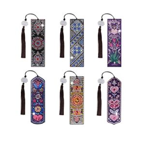 6 Pieces 5D Diamond Painting Bookmarks with Tassel Resin Rhinestone PU Leather Diamond Painting Bookmark for DIY Craft Kids Adults Arts Craft Supplies
