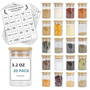 20 Pack Glass Spice Jars Set, 3.2oz (95ml) Mini Spice Jar with Bamboo Airtight Lids and 180 Spice Jar Square Labels Preprinted, Thicken Seasoning Containers, Food Storage for Pantry, Tea, Herbs, Salt