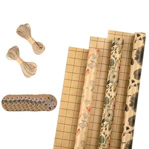 RUSPEPA Wrapping Paper Rolls with Tags and Jute String – 17 inches x 10 feet per Roll, Total of 3 Rolls, Flowers