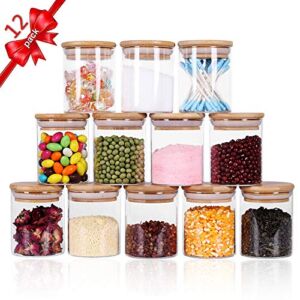 Tzerotone Glass Jars Set,Upgrade Spice Jars with Wood Airtight Lids and Labels, 6oz 12 Piece Small Food Storage Containers for Home Kitchen, Tea, Herbs, Sugar, Salt, Coffee, Flour, Herbs, Grains…