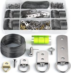 Picture Wire Hanging Kit 100+ Pieces – D-Ring, Screws, Hanging Hooks,Level. Supports up to 50 lbs 120+ Feet(38 M) Stainless Steel Wire Hanger | Comes with Solid Box