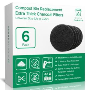 2 Years Supply Extra Thick Filters for Kitchen Compost Bins – Longer Lasting Activated Charcoal – Universal Size Fits ALL Compost Bins up to 7.25″ Filter Size – Replacement Set of 6 (by Simply Carbon)