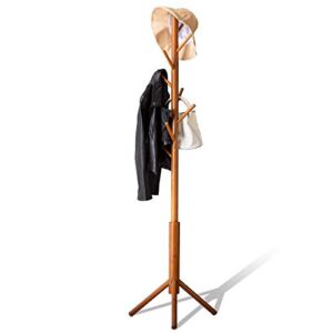 BMOSU Bamboo Coat Rack Freestanding Stand Tree Adjustable Coat with 3 Sections 8 Hooks Easy to Assemble Standing Coat Jackets Hanger for Bedroom Office Hallway Entryway Brown