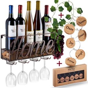 Anna Stay Wine Rack Wall Mounted – Decorative Wine Racks w/ Wine Glass Holder, Our Wall Mounted Wine Rack inc Cork Storage & 6 Wine Charms, Wine Gifts w/ Wine Bottle Holder for Wine Decor (Brown)