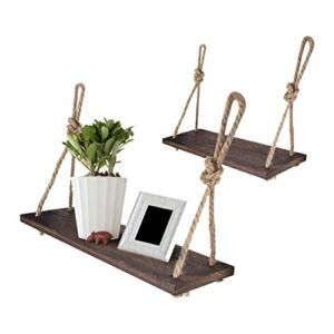 Yankario Rope Hanging Floating Shelves, Rustic Wood Wall Decor Swing Shelf with 4 Hooks, Pack of 2