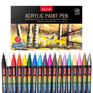 ZEYAR Premium Acrylic Paint Pen, Water Based, Extra Fine Point, 18 Colors, Odorless, Acid Free and Safe, Opaque Ink, Environmental Friendly, AP Certified