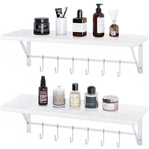 GREENSTELL Floating Shelves Wall Mounted Set of 2, Wall Shelves with 2 Towel Holders & 12 Hooks, Multifunctional Storage Shelf Rustic Wood Decoration Shelves for Bathroom, Living Room (White 23.6in)