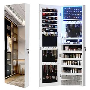 Vlsrka 47.2″ LED Jewelry Mirror Cabinet, Wall/Door Mounted Jewelry Armoire Organizer with Full-Length Mirror, Large Capacity Storage Hanging Cabinet, 4 Drawers, 5 Shelves, Built-in Lighted Mirror