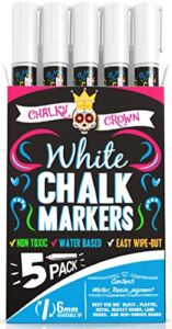 CHALKY CROWN Liquid Chalk Marker Pen – White Drawing Chalk – Chalk Markers for Chalkboard Signs, Windows, Blackboard, Glass – 6mm Reversible Tip (5 Pack) – 24 Chalkboard Labels Included