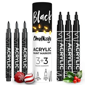 Chalkola Acrylic Black Paint Pen (6 Pack) Extra Fine Point (1mm) & Medium Tip (3mm) – Permanent Black Marker Ink for Rock Painting, Fabric, Tire, Metal, Wood, Canvas, Glass, Plastic, Stone, Ceramic
