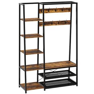 Rolanstar Hall Tree with Storage Bench, 5-in-1 Entryway Shelf with Coat Rack, 70.8″ Coat Stand with 5 Side Shelves, 9 Hooks and Shoe Bench Rustic Brown