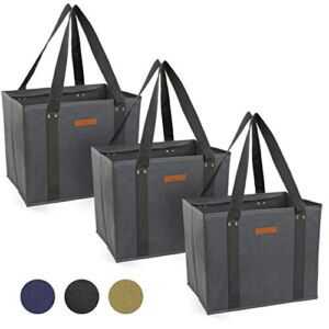 Gramercy Kitchen Reusable Grocery Bags Reusable Shopping Bags, Tote Bags, Reusable Bags – Extra Long Handles – Set of 3 Large Shopping Bags – Reinforced Sides & Bottom – Collapsible – Washable – Grey