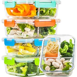 5 Pack Glass Meal Prep Containers 3 Compartment Set, 34oz Food Storage Containers with Lids Airtight