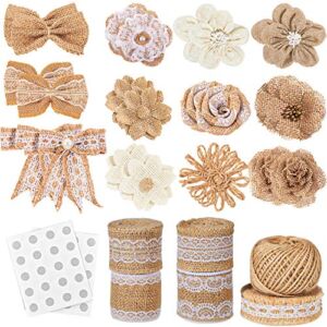 Whaline 30PCS Burlap Flowers Set, Include 5 Lace Burlap Ribbon Rolls, 24 Handmade Burlap Flowers and Bowknots, 1 Twine Ribbon and Glue Point for Wedding Party Decor Home Embellishment DIY Crafts