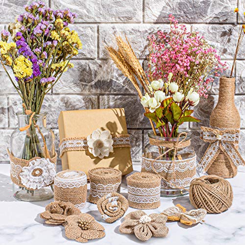 Whaline 30PCS Burlap Flowers Set, Include 5 Lace Burlap Ribbon Rolls, 24 Handmade Burlap Flowers and Bowknots, 1 Twine Ribbon and Glue Point for Wedding Party Decor Home Embellishment DIY Crafts | The Storepaperoomates Retail Market - Fast Affordable Shopping