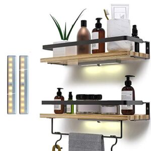 EAVA Bathroom Floating Shelves, Lighted Wall Mounted Shelves ,Paulownia Wood Wall Storage Shelves for Bathroom, Kitchen and Bedroom,Set of 2 with Removable Towel Holder and Hooks.