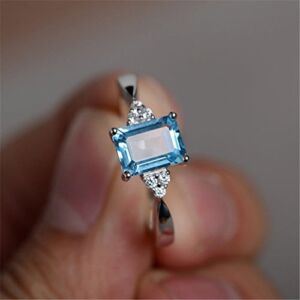 TheoneJewelry Women 925 Silver Gift Sapphire & Aquamarine Wedding Engagement Ring Size 6-10 (7)