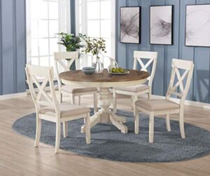 Roundhill Furniture Prato 5-Piece Round Dining Table Set with Cross Back Chairs, Antique White and Distressed Oak