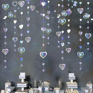 40Ft Iridescent 3D Heart Twinkle Star Garland Holographic Paper Streamer Banner for Birthday Mother’s Day Anniversary Engagement Wedding Bridal Baby Shower Hen Valentines Day Party Decoration Supplies