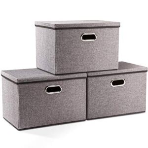 PRANDOM Large Collapsible Storage Bins with Lids [3-Pack] Linen Fabric Foldable Storage Boxes Organizer Containers Baskets Cube with Cover for Home Bedroom Closet Office Nursery (17.7×11.8×11.8)