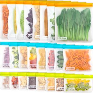 Reusable Food Storage Bags – 24 Pack BPA FREE Flat Freezer Bags(8 Reusable Gallon Bags + 8 Leakproof Reusable Sandwich Bags + 8 Food Grade Kids Snack Bags) Resealable Lunch Bag for Meat Fruit Veggies