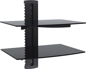 MANZOO Floating Shelves Wall Mounted Shelf with Strengthened Tempered Glass for DVD Players/Cable Boxes/Games Consoles/Tv Accessories, 2 Shelves, Black Glass Shelves
