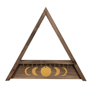 Rustix Rustic Wooden Hanging Jewelry Wall Organizer Triangle Shelf with Moon Phases and Small Hooks for Earring, Necklace, Crystal Display, and Small Decor