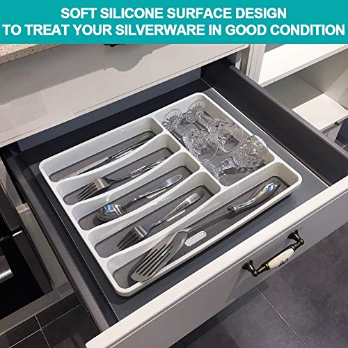 SUJUDE Silverware Drawer Organizer – Non Slip Utensil Tray Narrow, Kitchen Cutlery Tray Drawer Organizers Plastic 6 Compartment Gray Tray | The Storepaperoomates Retail Market - Fast Affordable Shopping