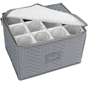 LotFancy Stemware Storage Container – Deluxe Quilted Storage Case with Dividers for 12 – Wine Glasses, Champagne Flutes, Glassware, Drinkware Storage Chest, 15.5”x12.5”x 10”, Gray